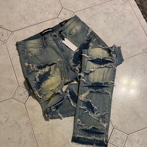 New Mix Distressed Skinny Jeans - Blue and Tan